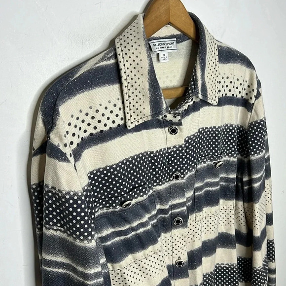 St. John Sport Marie Gray Mixed Print Striped Button Up Collard Blouse - Picture 3 of 12